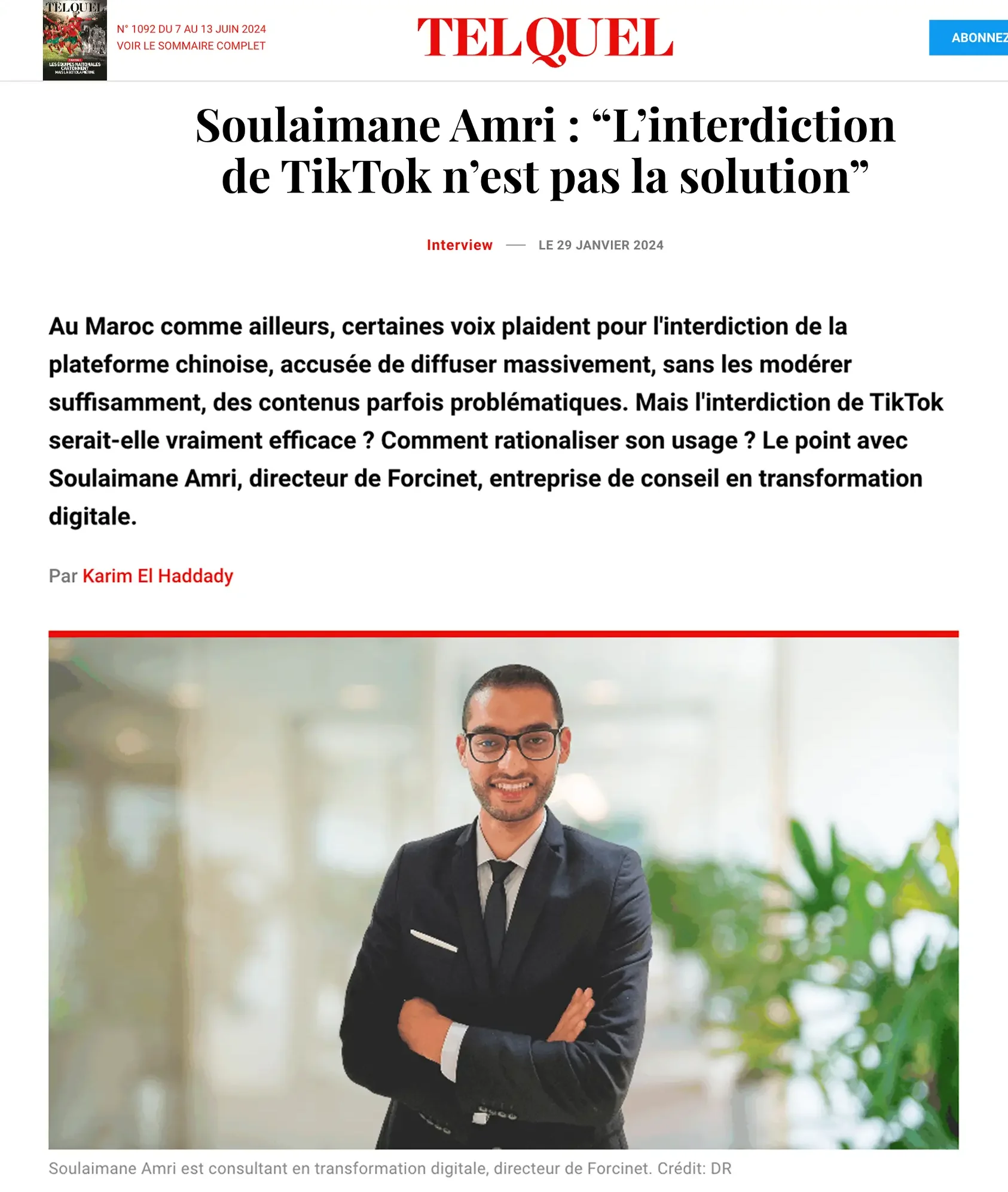 FORCINET - Médias Article Telquel - Interview Soulaimane AMRI sur l'interdiction de TikTok au Maroc